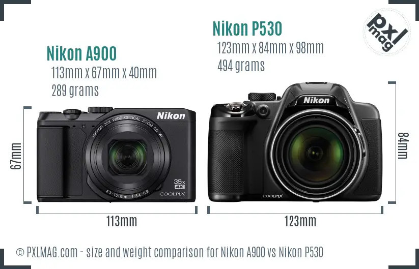 Nikon A900 vs Nikon P530 size comparison