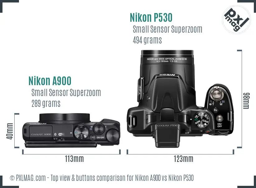 Nikon A900 vs Nikon P530 top view buttons comparison