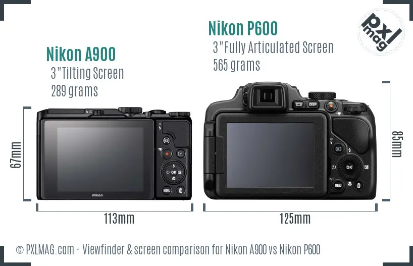 Nikon A900 vs Nikon P600 Screen and Viewfinder comparison