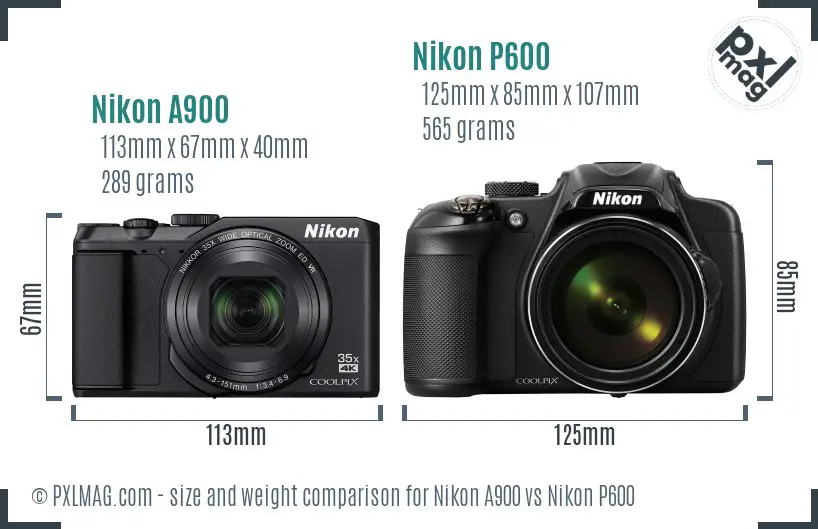 Nikon A900 vs Nikon P600 size comparison