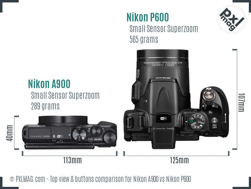 Nikon A900 vs Nikon P600 top view buttons comparison