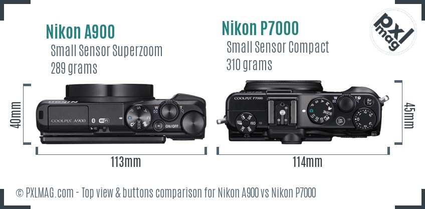 Nikon A900 vs Nikon P7000 top view buttons comparison