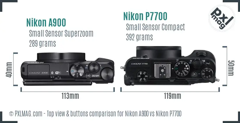 Nikon A900 vs Nikon P7700 top view buttons comparison Nikon A900 vs Nikon P7700 top view buttons comparison