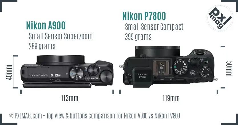 Nikon A900 vs Nikon P7800 top view buttons comparison Nikon A900 vs Nikon P7800 top view buttons comparison