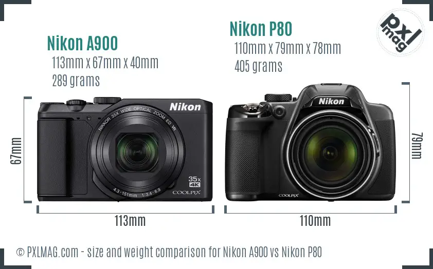 Nikon A900 vs Nikon P80 size comparison