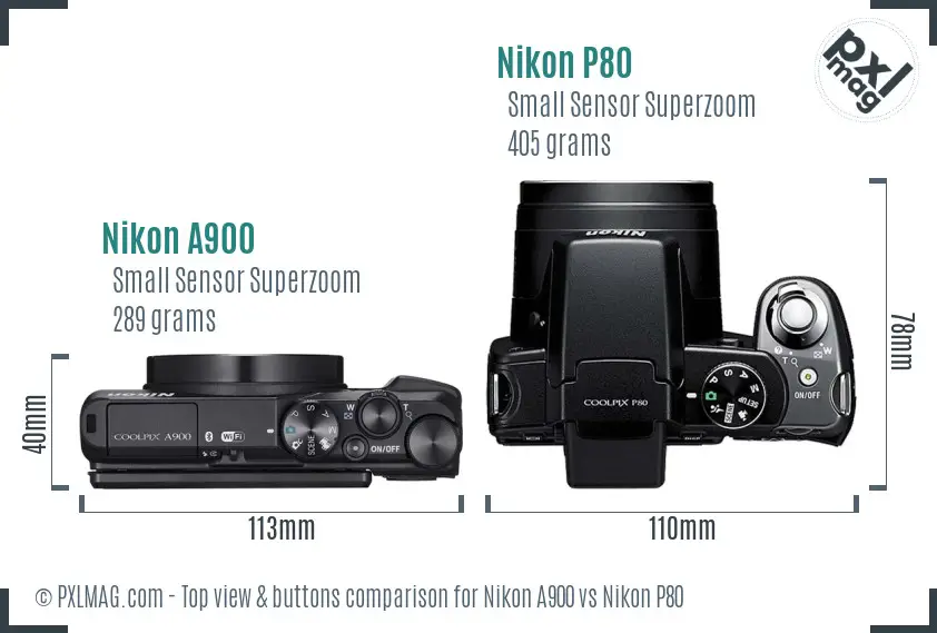 Nikon A900 vs Nikon P80 top view buttons comparison