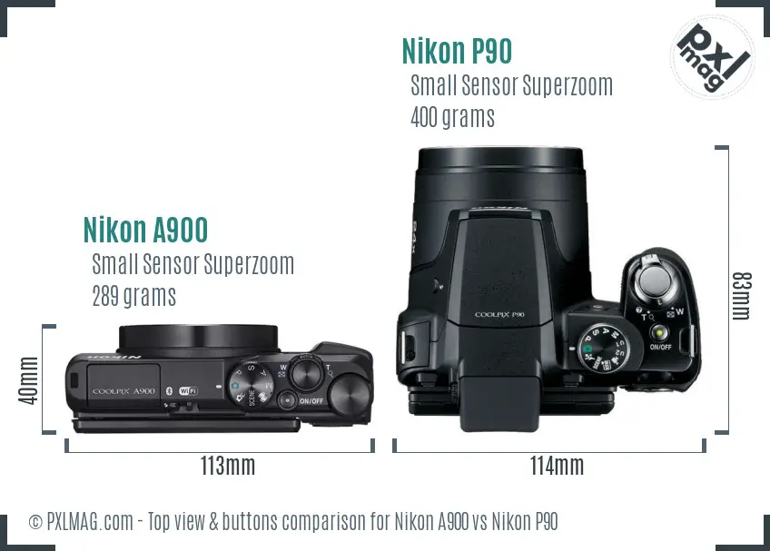 Nikon A900 vs Nikon P90 top view buttons comparison