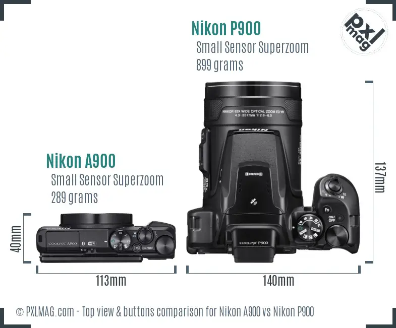 Nikon A900 vs Nikon P900 top view buttons comparison