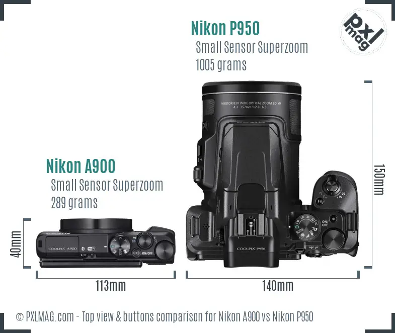 Nikon A900 vs Nikon P950 top view buttons comparison