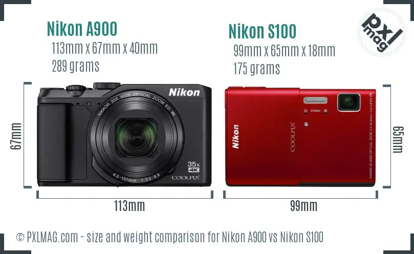 Nikon A900 vs Nikon S100 size comparison