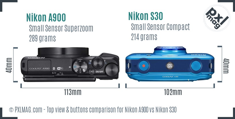 Nikon A900 vs Nikon S30 top view buttons comparison