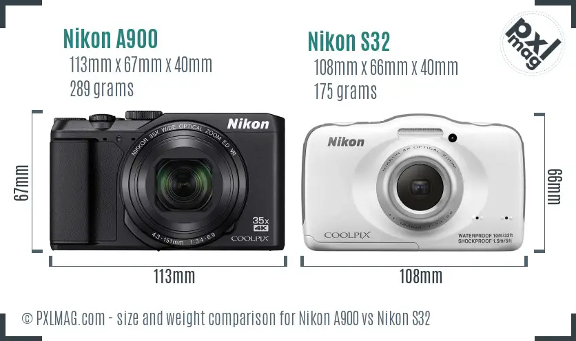 Nikon A900 vs Nikon S32 size comparison