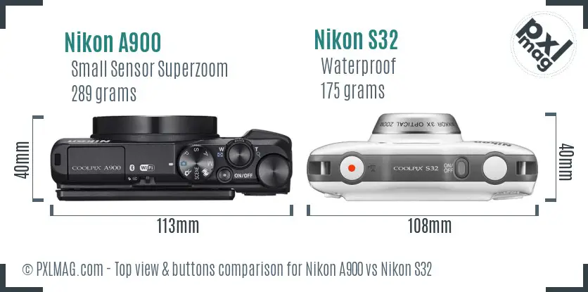 Nikon A900 vs Nikon S32 top view buttons comparison