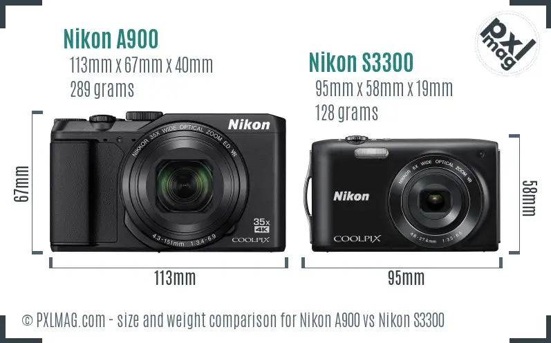 Nikon A900 vs Nikon S3300 size comparison