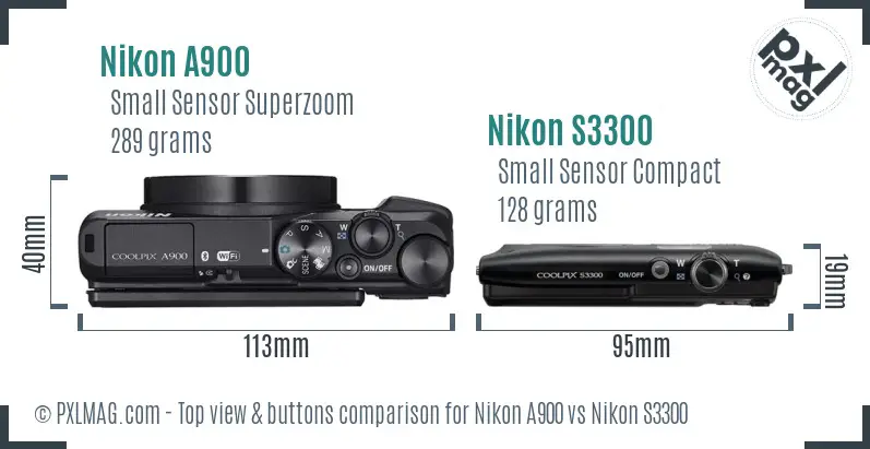 Nikon A900 vs Nikon S3300 top view buttons comparison