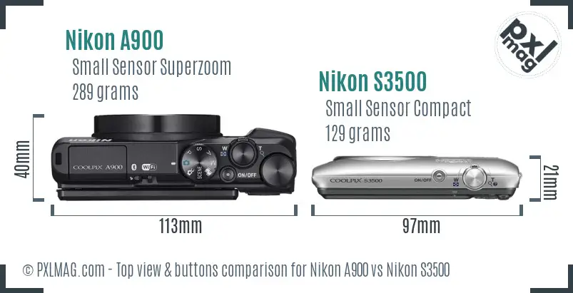 Nikon A900 vs Nikon S3500 top view buttons comparison Nikon A900 vs Nikon S3500 top view buttons comparison