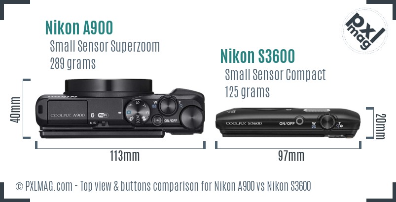 Nikon A900 vs Nikon S3600 top view buttons comparison