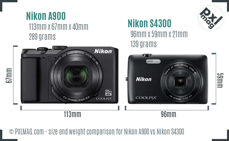 Nikon A900 vs Nikon S4300 size comparison