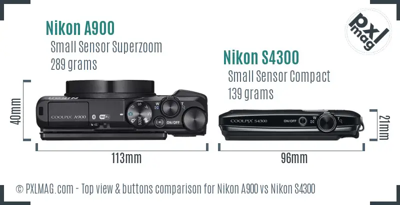 Nikon A900 vs Nikon S4300 top view buttons comparison