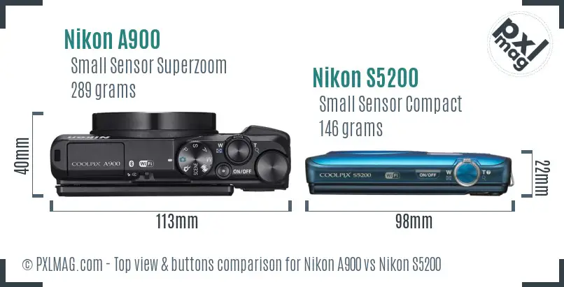 Nikon A900 vs Nikon S5200 top view buttons comparison Nikon A900 vs Nikon S5200 top view buttons comparison