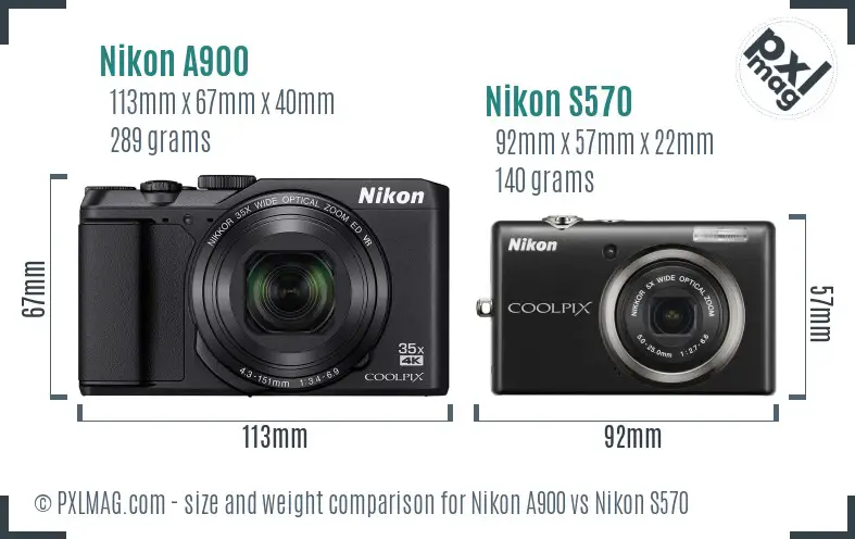 Nikon A900 vs Nikon S570 size comparison