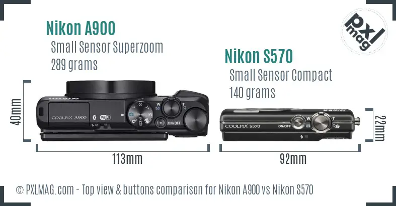 Nikon A900 vs Nikon S570 top view buttons comparison