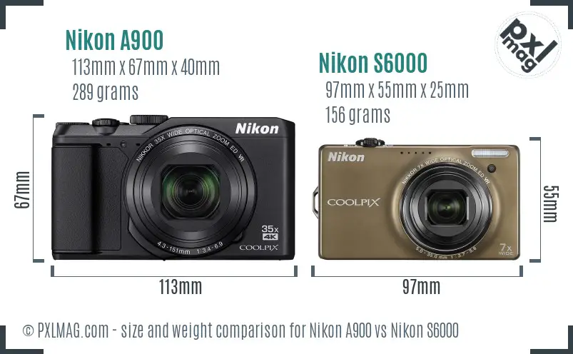 Nikon A900 vs Nikon S6000 size comparison