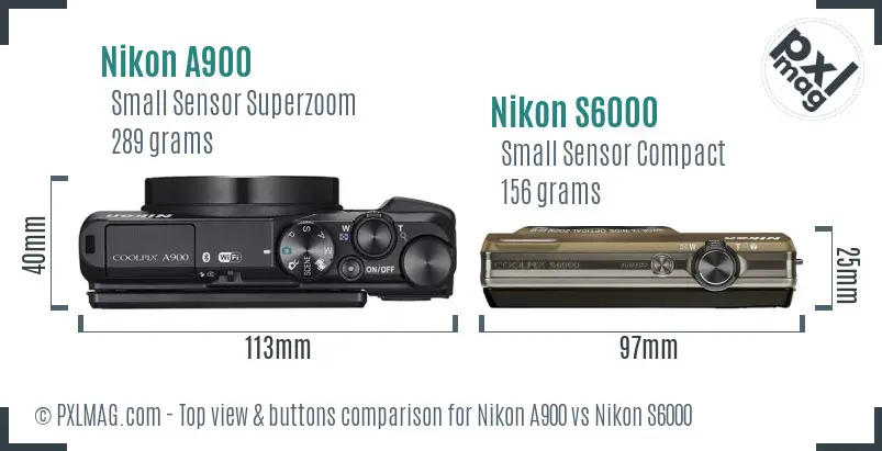 Nikon A900 vs Nikon S6000 top view buttons comparison