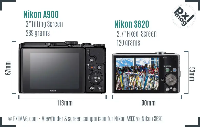 Nikon A900 vs Nikon S620 Screen and Viewfinder comparison