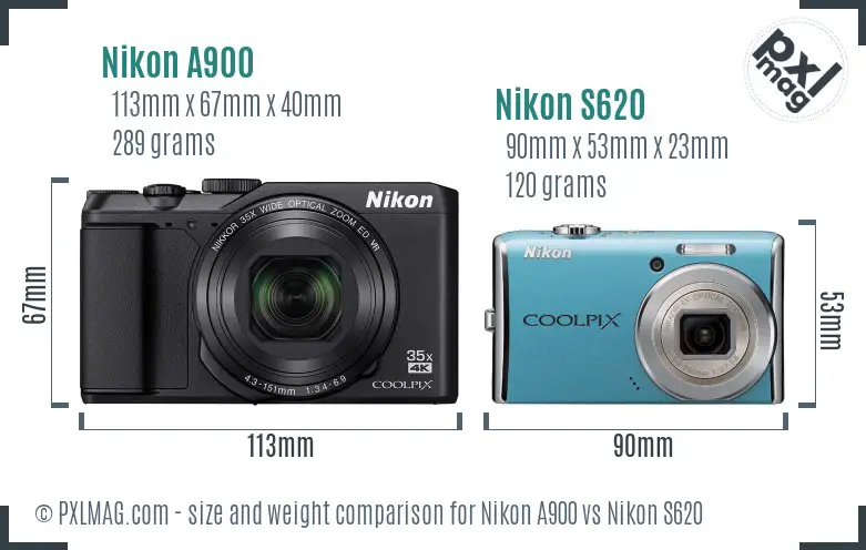 Nikon A900 vs Nikon S620 size comparison