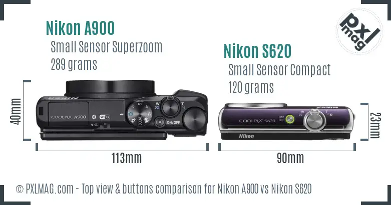 Nikon A900 vs Nikon S620 top view buttons comparison