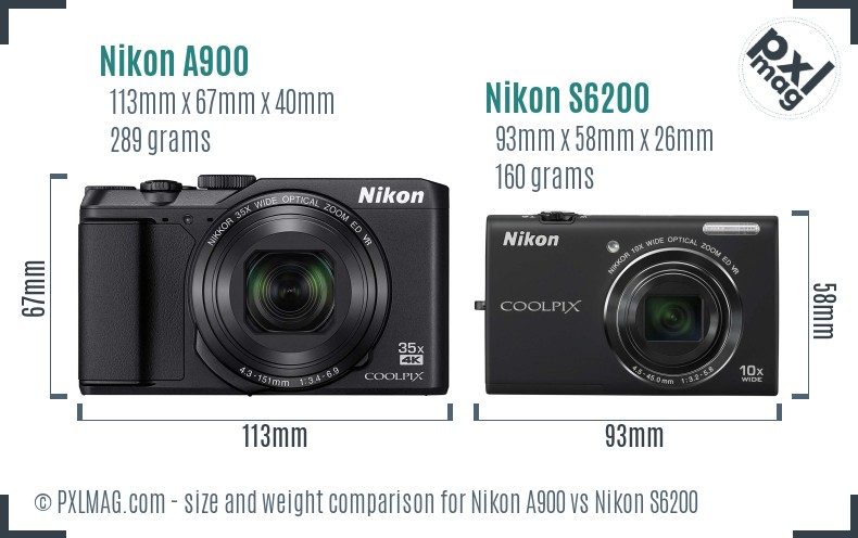 Nikon A900 vs Nikon S6200 size comparison