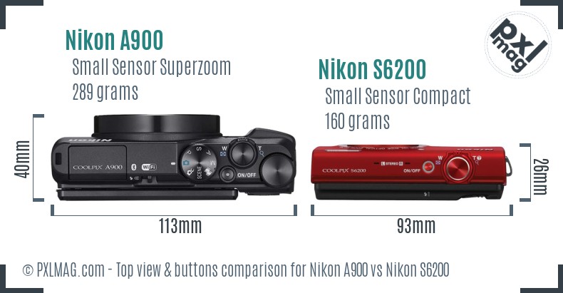 Nikon A900 vs Nikon S6200 top view buttons comparison