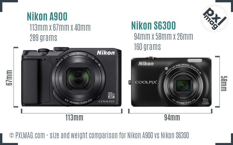 Nikon A900 vs Nikon S6300 size comparison
