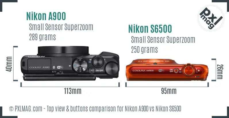 Nikon A900 vs Nikon S6500 top view buttons comparison