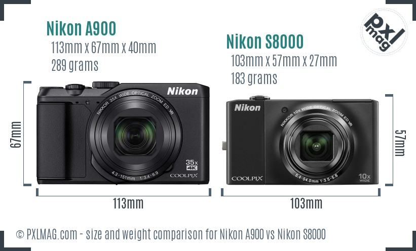 Nikon A900 vs Nikon S8000 size comparison
