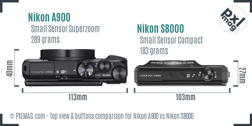 Nikon A900 vs Nikon S8000 top view buttons comparison