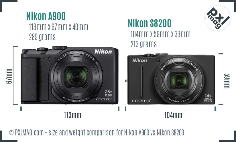 Nikon A900 vs Nikon S8200 size comparison