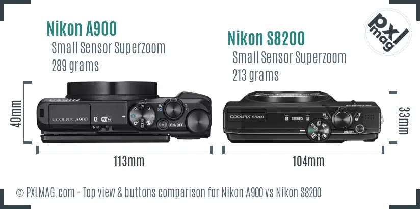 Nikon A900 vs Nikon S8200 top view buttons comparison