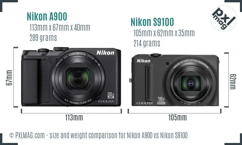 Nikon A900 vs Nikon S9100 size comparison