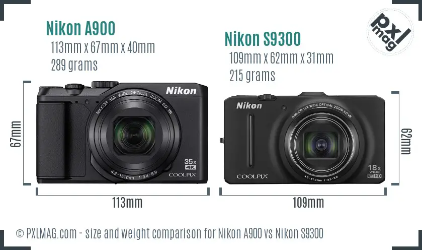 Nikon A900 vs Nikon S9300 size comparison