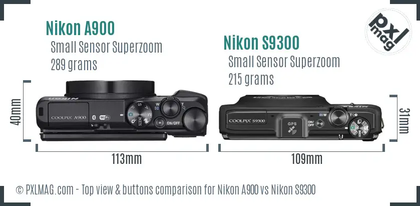 Nikon A900 vs Nikon S9300 top view buttons comparison