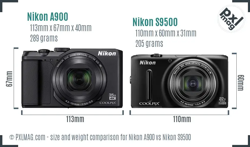 Nikon A900 vs Nikon S9500 size comparison