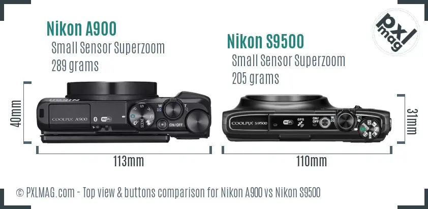 Nikon A900 vs Nikon S9500 top view buttons comparison