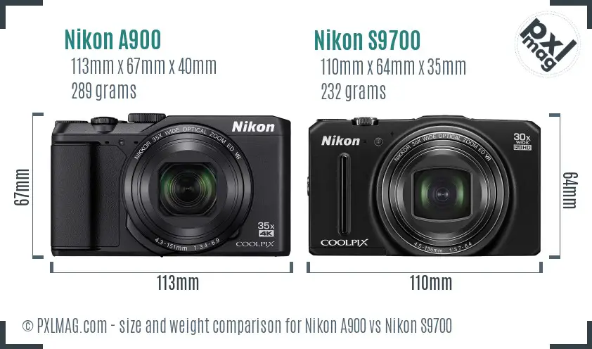 Nikon A900 vs Nikon S9700 size comparison