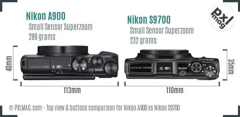 Nikon A900 vs Nikon S9700 top view buttons comparison