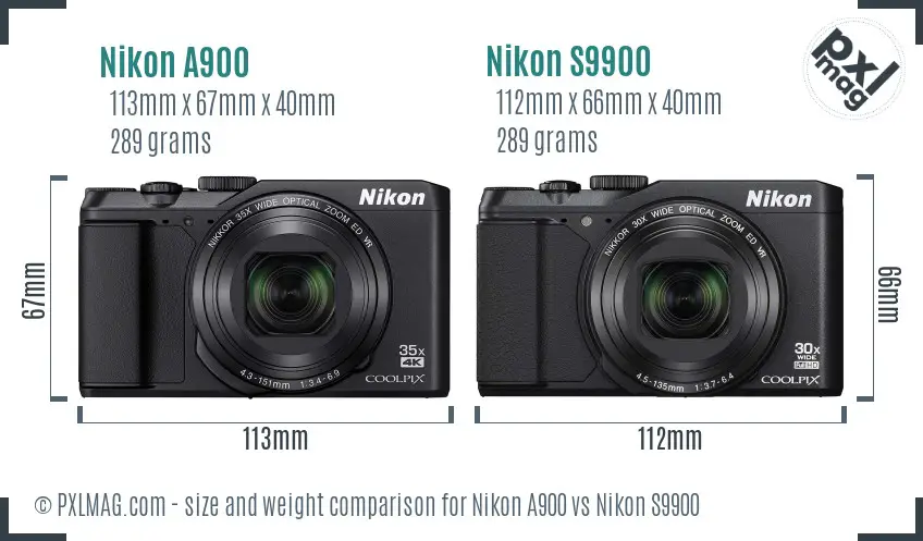 Nikon A900 vs Nikon S9900 size comparison