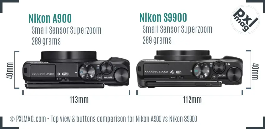 Nikon A900 vs Nikon S9900 top view buttons comparison