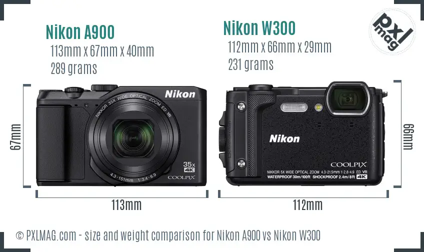 Nikon A900 vs Nikon W300 size comparison