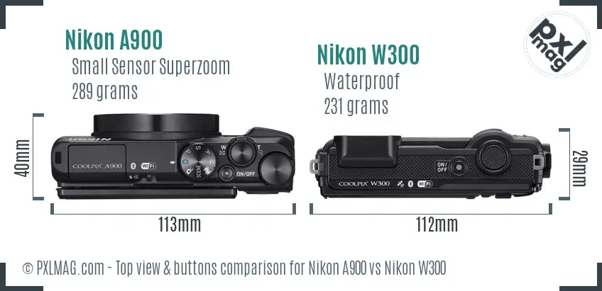 Nikon A900 vs Nikon W300 top view buttons comparison